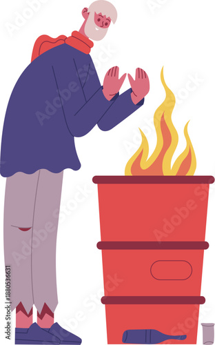 Homeless elder warming hands over barrel fire