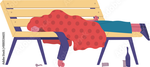 Homeless person sleeping on urban park bench