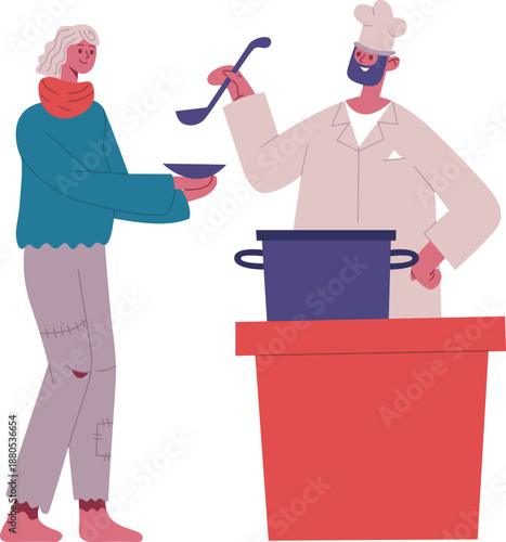 Chef serving food to person experiencing homelessness