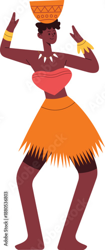 African woman balancing pot dancing in traditional attire