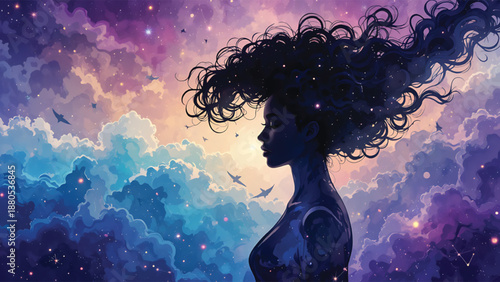 Mysterious woman with curly hair floating in dreamy purple sky.