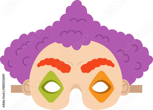 Colorful clown mask with purple hair and jester design