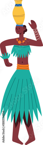 African woman balancing pot on head performing ritual dance