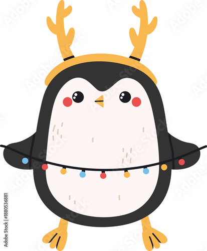 Penguin wearing reindeer antlers holding Christmas lights