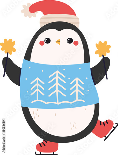 Cute penguin wearing Christmas sweater holding sparklers