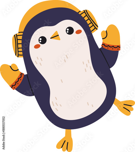 Cute cartoon penguin wearing winter earmuffs and mittens