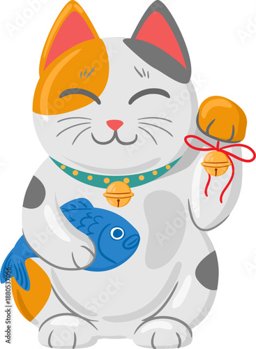 Maneki neko bringing good luck and fortune with fish