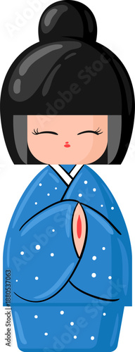 Kokeshi doll featuring a blue kimono and closed eyes