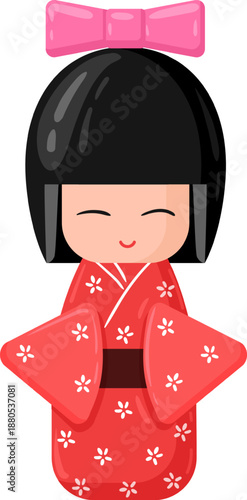Kokeshi doll wearing red kimono with pink bow