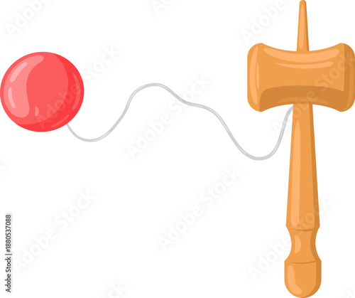 Kendama traditional Japanese toy balancing a red ball