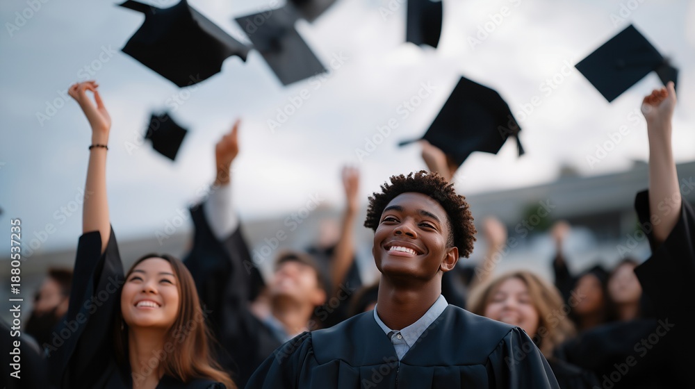 Fototapeta premium A diverse group of graduates celebrates together on graduation day, raising their arms to toss caps, symbolizing accomplishment, ambition, and academic success. cinematic color correction, natural