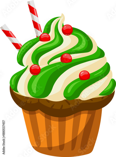 Festive cupcake having green and white swirl frosting and toppings