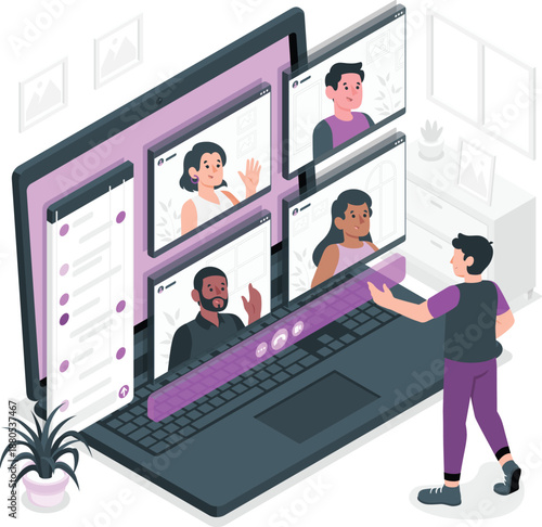 Man interacting with multiple video call windows on a large laptop screen in a modern workspace environment