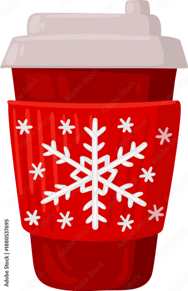 Fototapeta premium Red coffee cup displaying festive snowflake sleeve design