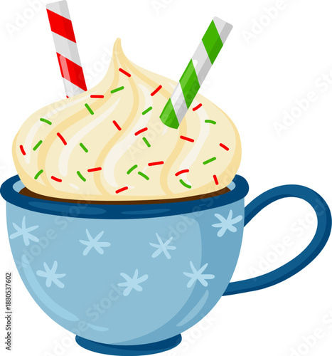 Hot chocolate mug with whipped cream and sprinkles