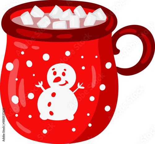Red holiday mug holding hot chocolate with marshmallows