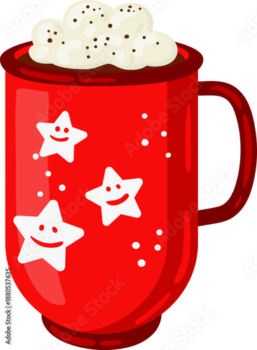 Red mug holding hot chocolate with whipped cream and smiling stars