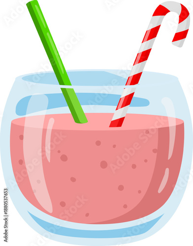 Festive pink beverage with candy cane and drinking straw