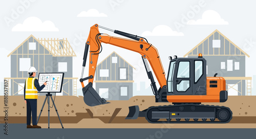 Construction Site with Excavator and Worker Reviewing Plans