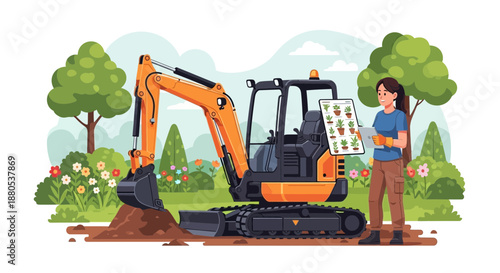 Construction site with worker and excavator machine