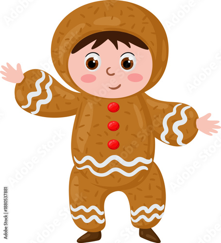 Child wearing gingerbread man costume for holidays