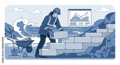 Construction worker building a wall with blocks outdoors