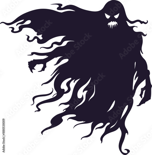 Dark ghost creature floating with glowing eyes and sharp teeth