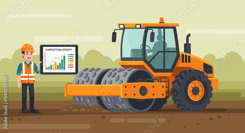 Construction worker standing next to road roller on site