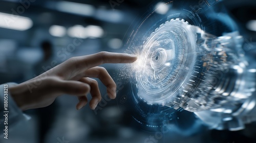 Wallpaper Mural A science fiction inspired technology scene captures the moment a hand touches a detailed virtual engine hologram, symbolizing progress, innovation, and the future of engineering. cinematic color Torontodigital.ca
