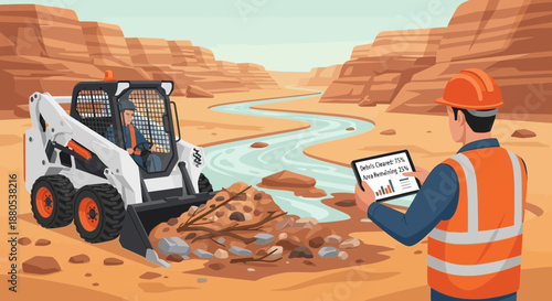 Heavy machinery operator in construction site desert landscape