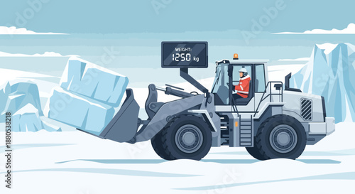 Heavy machinery transporting ice blocks in winter landscape