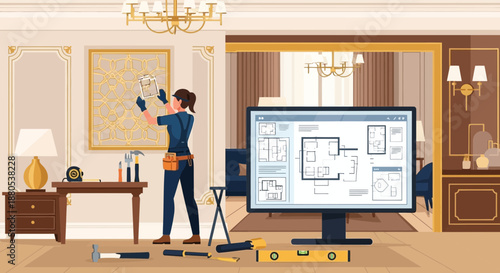 Home renovation concept with a worker and design plan