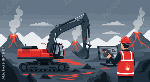 Industrial excavation on a volcanic landscape with operator