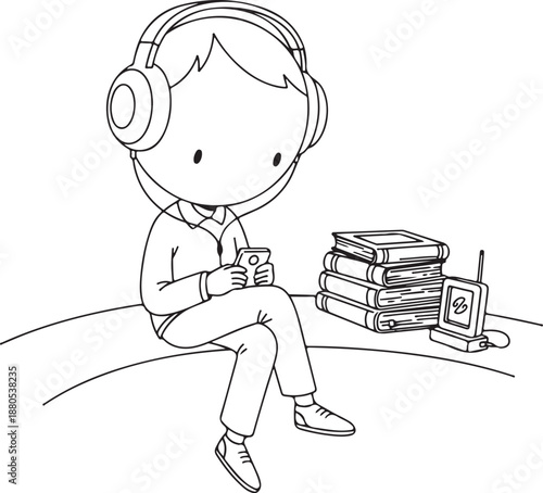 Boy Listening to Music with Headphones and Smartphone