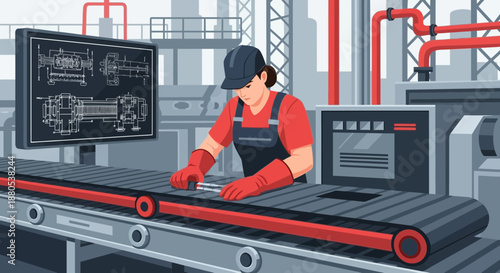 Industrial worker on production with conveyor belt