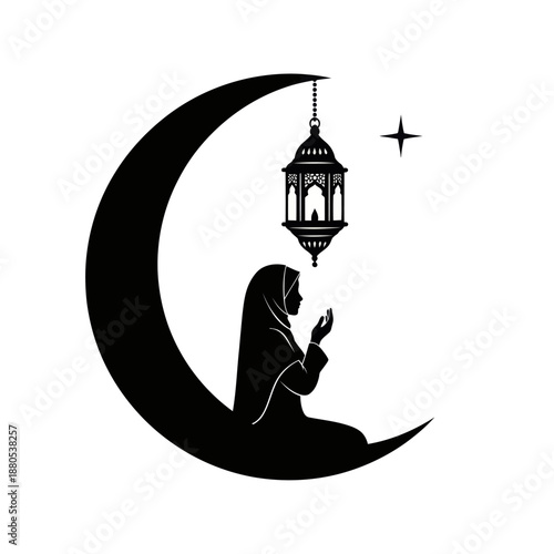 Muslim Woman Praying Under Crescent Moon with Lantern and Star Silhouette