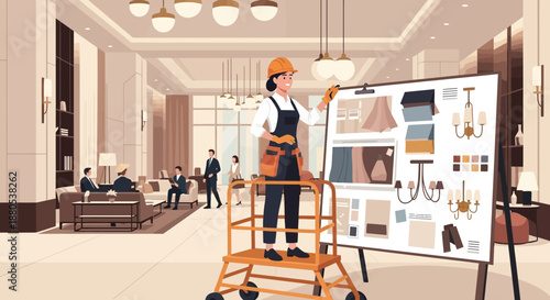 Interior Designer at Work in Modern Lobby