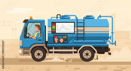 Large blue industrial truck with man driving on road