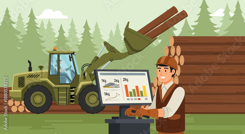 Lumber Industry Worker Analyzing Forestry Data on Computer