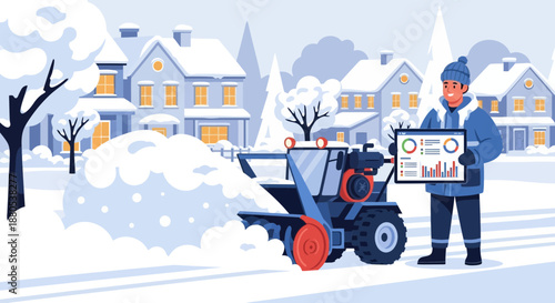 Man Clearing Snow with a Snow Blower on a Winter Day