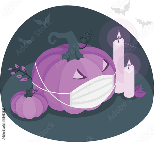 A masked pumpkin rests surrounded by candles and smaller pumpkins on a dark background with bats flying overhead from a top-down viewpoint