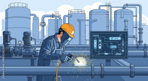 Industrial worker welding pipes in a factory setting