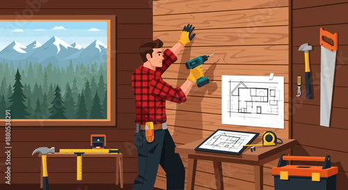 Man Drilling Wall with Power Drill in Workshop