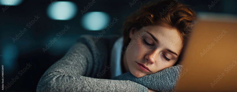 Fototapeta premium Female Burnout Reality Exhausted Young Woman with Red Hair Resting Head on Arms at Laptop Work Burnout Concept Tired Mind Digital Life