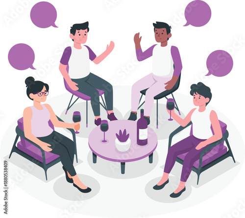 Group of friends having a conversation while enjoying wine together in a relaxed social setting