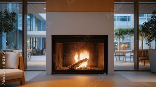 Wallpaper Mural Sleek modern fireplace with glass front, gentle fire burning inside, neutral interior design emphasizing simplicity, balance, and modern lifestyle aesthetics. cinematic color correction, natural Torontodigital.ca