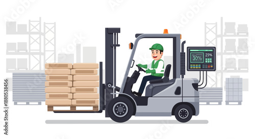 Warehouse worker operating forklift with pallet