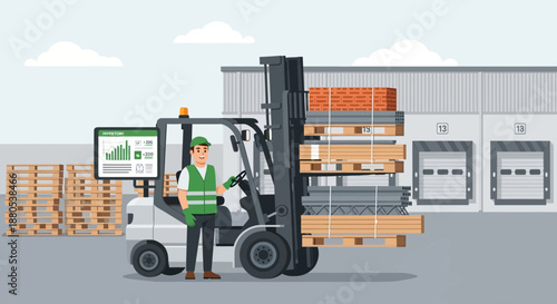 Warehouse worker operating forklift with pallet