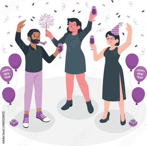 Three friends celebrating New Year's Eve together, holding champagne flutes and party poppers, surrounded by balloons and confetti