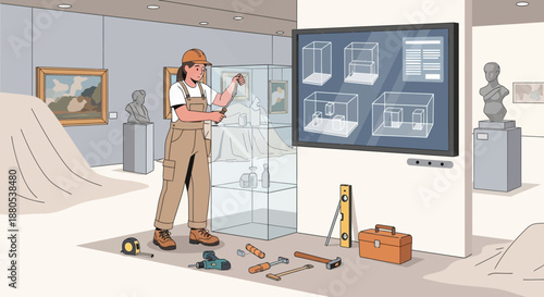 Worker installing display case in art gallery